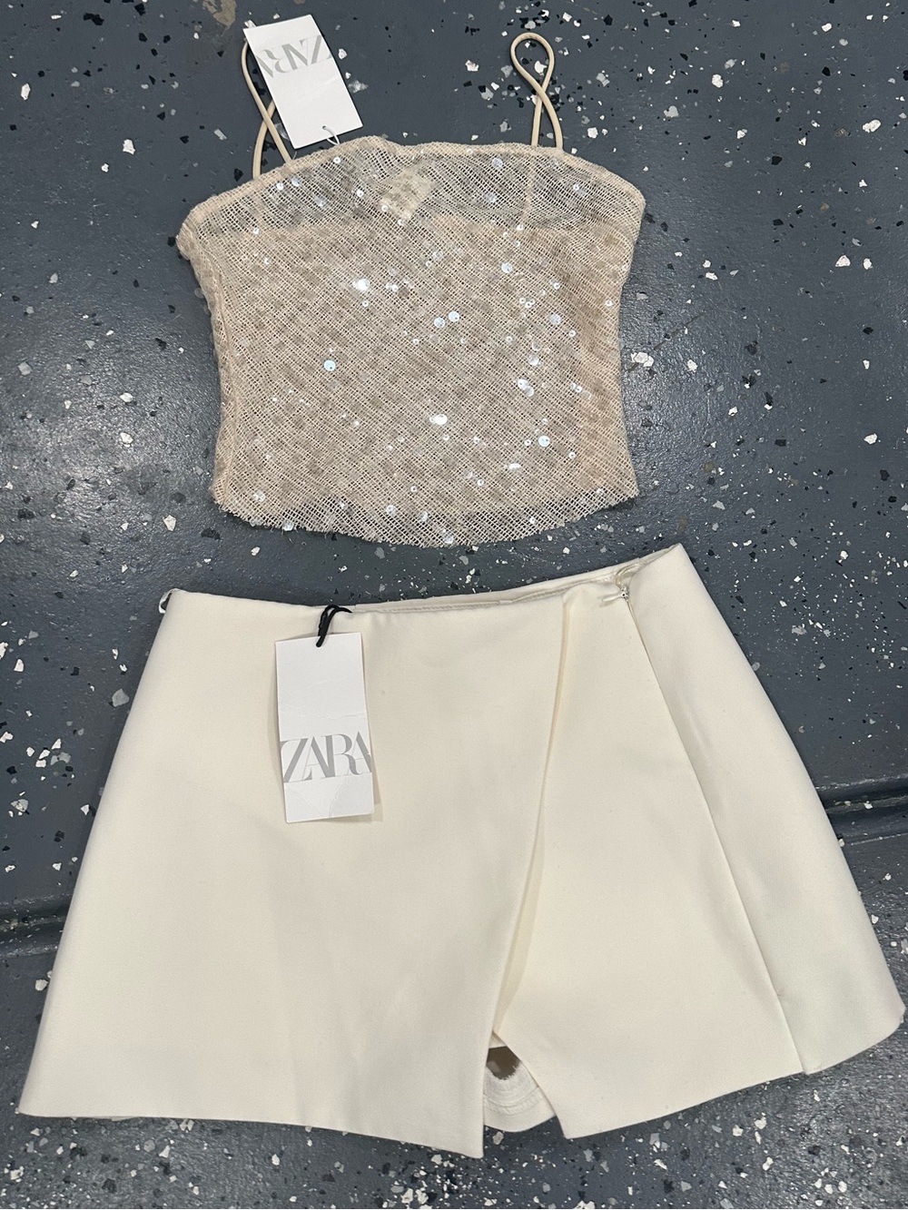 Zara Beige Sequin Mesh Cami with Cream Skort